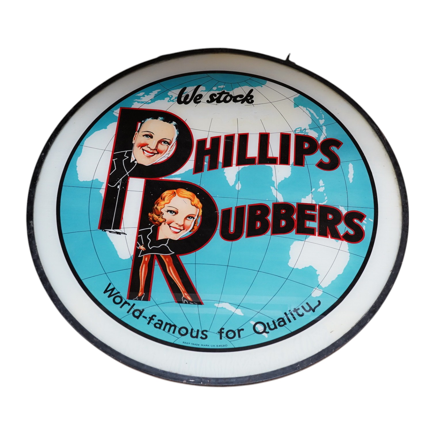 A 1920’s 'Phillip's Rubbers' circular glass advertising sign, 58cm in diameter. Condition - fair